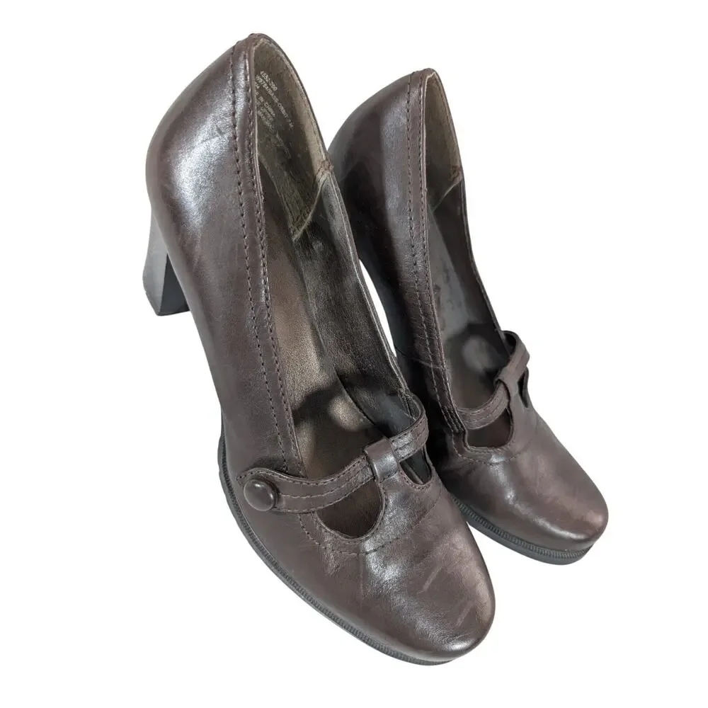 BASS! FAB ESPRESSO BROWN GENUINE LEATHER MARY JANE STYLE STACKED HEELS! SZ 7M
